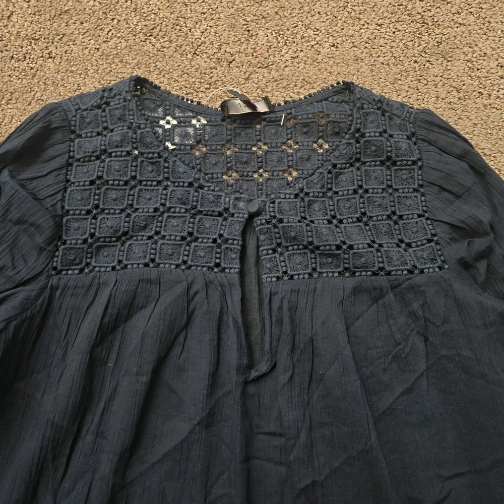J.Crew Womens Navy Blue Crochet Lace Yoke Crinkle Gauze Cotton Blouse 00 NWT